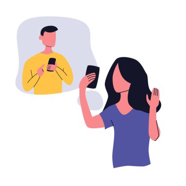 Kız, telefonda video bağlantısı kurarak adamla iletişim kuruyor. Düz Çizim