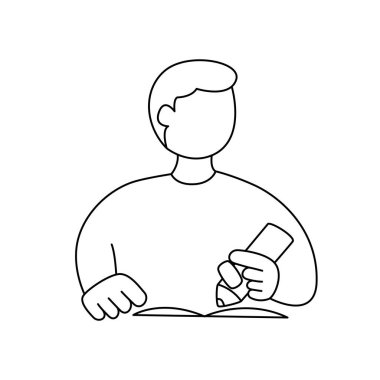 Çocuk defterine bir şey yazıyor. Çizgi çizimi, düzenlenebilir vuruş