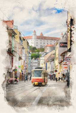 Slovakya 'daki Bratislava kalesinin önündeki eski kırmızı tramvay suluboya resim tarzında.