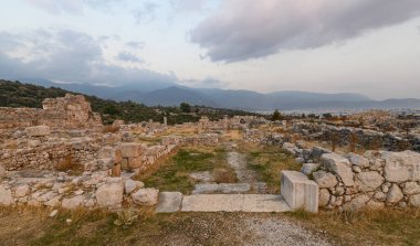 Xanthos Antik Şehir. Mezar taşı ve antik şehir Xanthos 'un kalıntıları - Türkiye' nin Kas, Antalya kentindeki Letoon, günbatımında. Lycia 'nın başkenti.