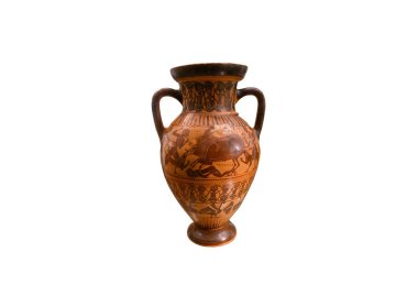 Güzel Renkli Eski Yunan Amforası beyaz arka planda izole edilmiş