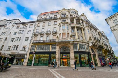 Budapeşte, Macaristan. Şehir merkezindeki güzel eski binanın ön manzarası. 