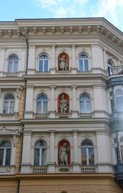 Front view of beautiful old facade building in the city center of Budapest, Hungary