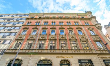 Front view of beautiful old facade building in the city center of Budapest, Hungary