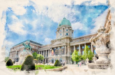 Buda Castle in Budapest, Hungary in watercolor illustration style. 