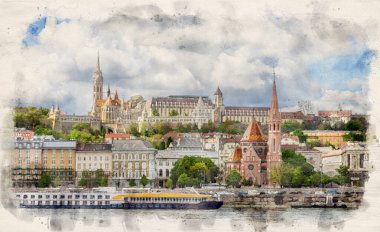 View of Buda side of Budapest, Hungary with the Buda Castle, St. Matthias and Fishermen's Bastion in watercolor illustration style. 