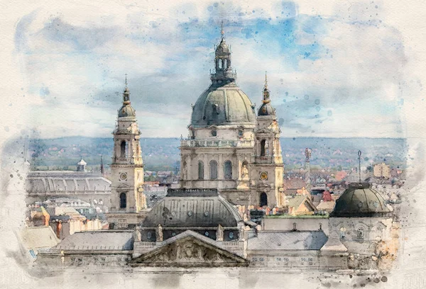 Bazilica Ștefan Din Budapesta Ungaria Stil Ilustrativ Acuarelă — Fotografie, imagine de stoc