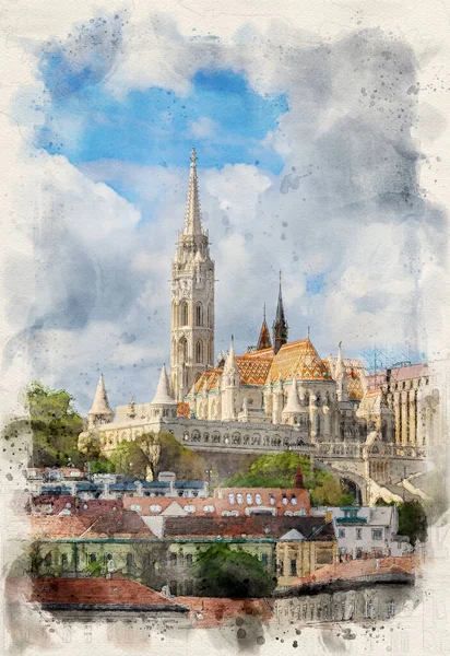 Biserica Matthias Fața Bastionului Pescarilor Din Budapesta Ungaria Stil Ilustrativ — Fotografie, imagine de stoc