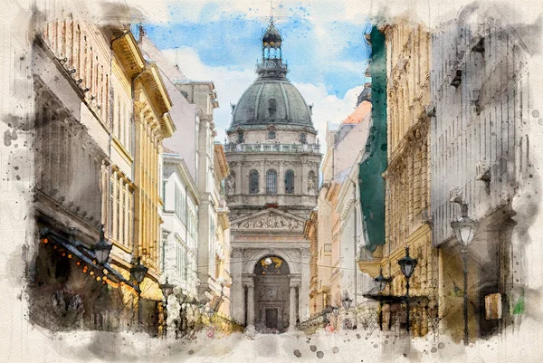 Stephen Basilica Budapest Hungary Watercolor Illustration Style — Fotografie, imagine de stoc