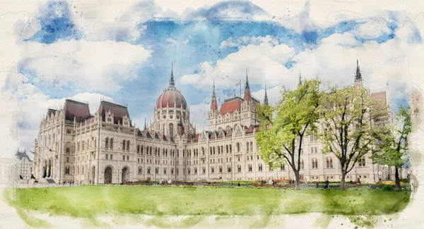 Hungarian Parliament Building Spring Budapest Hungary Watercolor Illustration Style — Stockfoto