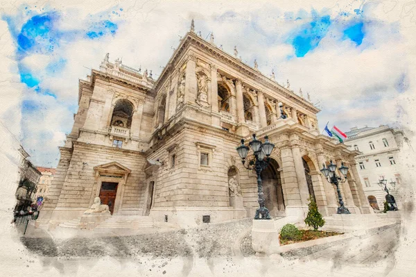 Opera Regală Maghiară Stat Din Budapesta Ungaria Stil Ilustrativ Acuarelă — Fotografie, imagine de stoc