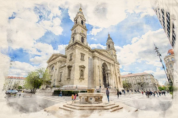 Basílica Santo Estêvão Budapeste Hungria Estilo Ilustração Aquarela — Fotografia de Stock