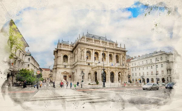 Macaristan Budapeşte Kentindeki Macar Kraliyet Opera Evi Suluboya Resim Tarzında — Stok fotoğraf
