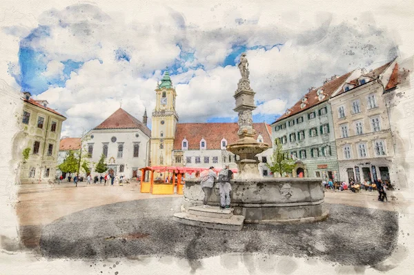 Old Town Hall Maximilian Fountain Bratislava Slovakia Watercolor Illustration Style — Stock Photo, Image