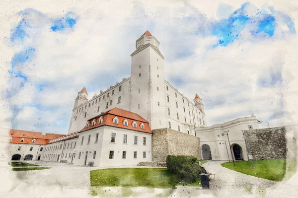 Bratislava castle in Bratislava, Slovakia in watercolor illustration style