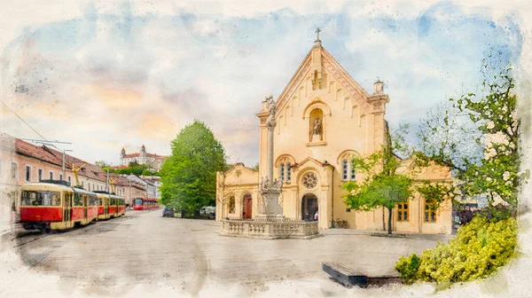 Church Stephen Hungary Bratislava Castle Bratislava Slovakia Watercolor Illustration Style — Stock Photo, Image