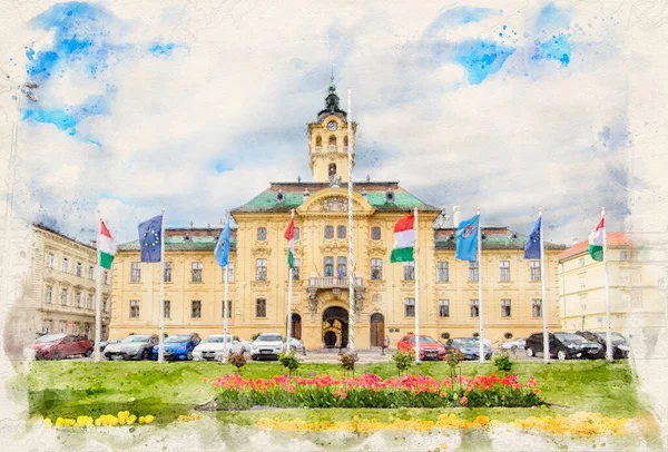 City Hall Szeged Hungary Watercolor Illustration Style — 스톡 사진