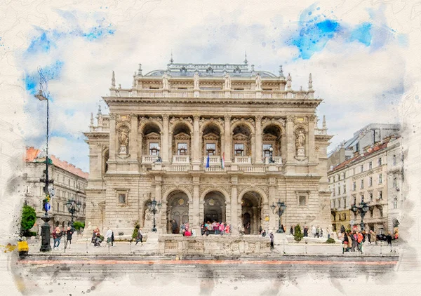 Macaristan Budapeşte Kentindeki Macar Kraliyet Opera Evi Suluboya Resim Tarzında — Stok fotoğraf