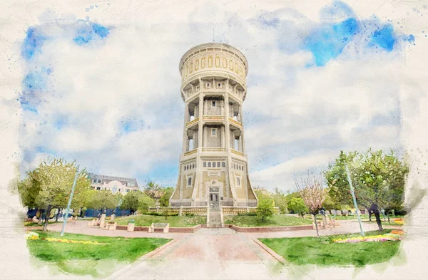 Torre Água Viztorony Szeged Hungria Estilo Ilustração Aquarela — Fotografia de Stock