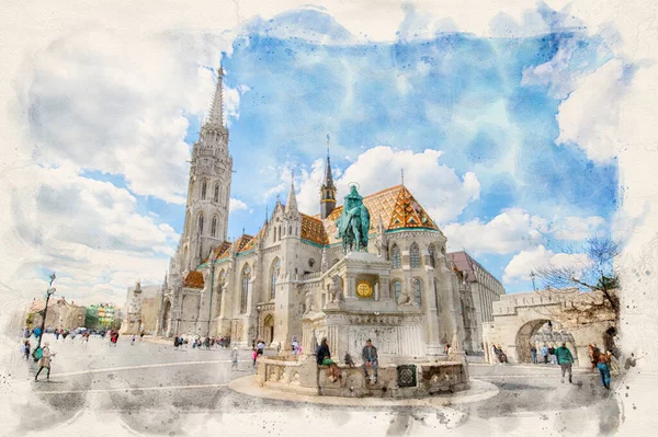 Biserica Matthias Fața Bastionului Pescarilor Din Budapesta Ungaria Stil Ilustrativ — Fotografie, imagine de stoc