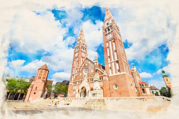 Votive Church Cathedral Our Lady Hungary Szeged Hungary Watercolor Illustration – stockfoto
