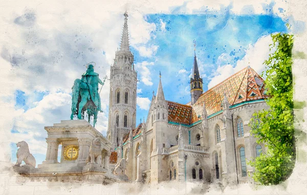 Matthias Kerk Voor Het Vissersbastion Boedapest Hongarije Aquarel Illustratie Stijl — Stockfoto