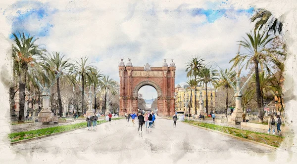 スペインのバルセロナにある凱旋門または凱旋門は 水彩画風のイラストで描かれています — ストック写真