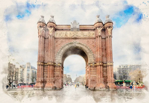 Arc Triomf Eller Arco Triunfo Barcelona Spanien Akvarell Stil Illustration — Stockfoto