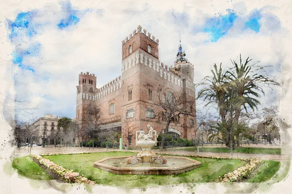 西班牙巴塞罗那城市公园的特雷斯龙城堡 水彩画 — 图库照片