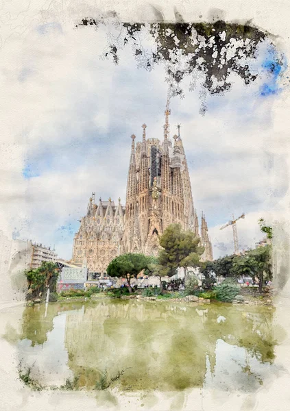 バルセロナのラ サグラダ ファミリア大聖堂 水彩画のスタイルのイラストでスペイン — ストック写真