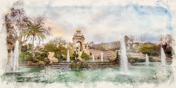 西班牙巴塞罗那市的Cascada Del Parc Ciutadella 19世纪公园内有一座拱形和中央维纳斯雕像的水彩画喷泉和纪念碑 — 图库照片
