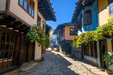 Bulgaristan 'ın Gabrovo kenti yakınlarındaki Mimari Kompleks Etar' daki (Etara) eski geleneksel Bulgar evi.