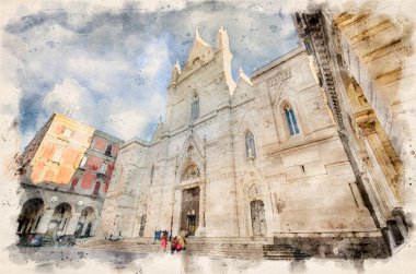 Napoli, İtalya. Duomo di Santa Maria Assunta ya da Napoli 'deki Cattedrale di San Gennaro. Napoli katedrali. Suluboya biçimi illüstrasyonu