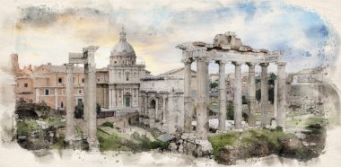 Roma, İtalya 'daki Roma Forumunun kalıntılarının panoramik görüntüsü, aynı zamanda Foro di Cesare olarak da bilinir, ya da Sezar Forumu. Suluboya biçimi illüstrasyonu