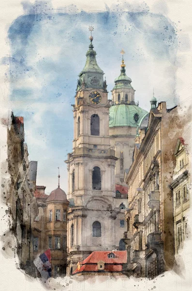 Nicholas Church Prag Tjeckien Akvarell Illustration Stil — Stockfoto