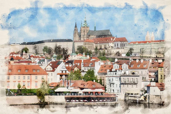 Prag Slott Eller Prazsky Hrad Prag Tjeckien Akvarell Illustration Stil — Stockfoto