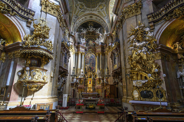 Vienna, Austria. Interior of Peterskirche or St. Peter's Church. Baroque Roman Catholic parish church on Petersplatz. 