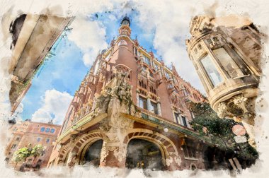 Katalan Müziği Sarayı ya da İspanya 'nın Barcelona kentindeki Palau de la Musica Katalanası suluboya resim sanatında