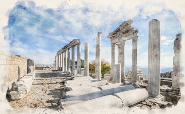 Türkiye 'nin Bergama, İzmir' deki Akropolis Antik Şehir Harabeleri 'ndeki Trajan Tapınağı suluboya tarzı illüstrasyonunda