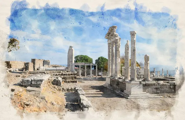 Templo Trajano Acrópolis Pérgamo Antiguas Ruinas Ciudad Bergama Izmir Turquía — Foto de Stock