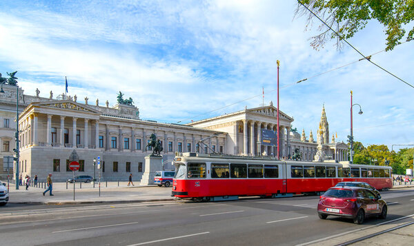 Vienna, Austria. The Austrian Parliament Building and the Pallas Athena Fountain