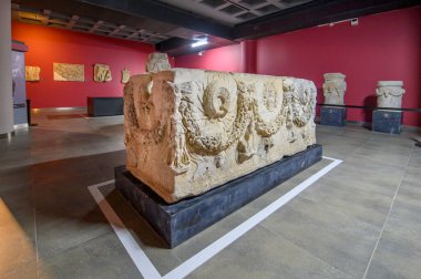 Aydın, Türkiye. Aydın Arkeoloji Müzesi. Müzede Helenistik, Roma, Bizans, Seljuk ve Osmanlı dönemlerinden heykeller, mezarlar, sütunlar ve taş oymalar yer alıyor.