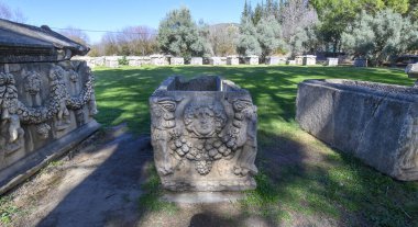 Ancient Roman and Greek sarcophagus discovered during the excavations of the ancient city of Aphrodisias in Turkey. The city was dedicated to the goddess Aphrodite. clipart