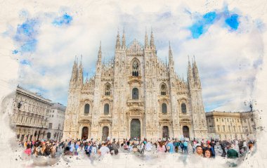 Milano 'daki Milan Katedrali ya da Duomo di Milano suluboya resim tarzında