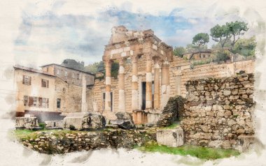 İtalya 'nın Brescia kentindeki Capitolium Roma Tapınağı' nın (Tempio Capitolino) antik kalıntıları suluboya resim tarzında