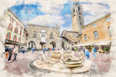 İtalya 'nın Bergamo kentindeki Piazza Vecchia Meydanı' ndaki Campanone kulesiyle suluboya illüstrasyon tarzında Palazzo Vecchio