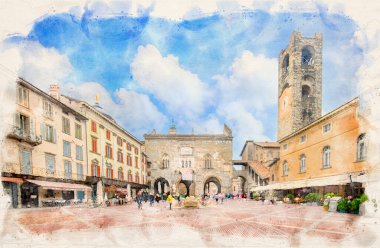 İtalya 'nın Bergamo kentindeki Piazza Vecchia Meydanı' ndaki Campanone kulesiyle suluboya illüstrasyon tarzında Palazzo Vecchio
