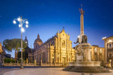 Piazza Duomo Catania, Sicilya, İtalya 'da Santa Agatha Katedrali ve Liotru ve Fontana dell Elefante ile geceleyin