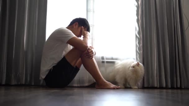 Депресивний Сумний Чоловік Сидить Підлозі Вдома Біля Вікна Білим Котом — стокове відео