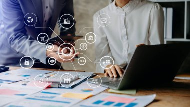 Co working process, team working.Coding software developer work with AR new design dashboard computer icons.team business concept at office